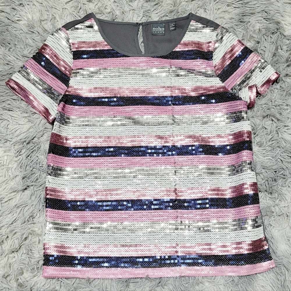 New York and Company Pink & Silver Striped Sequin Short-Sleeve Blouse, Medium